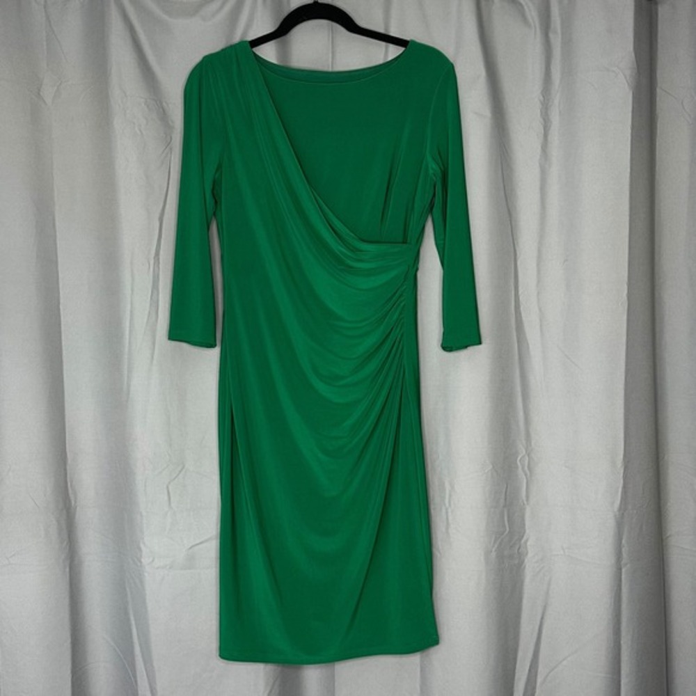 Black Label by Evan Picone NWT Emerald Green Ruched Sheath Dress 3/4 Sleeve 6 - Picture 5 of 15